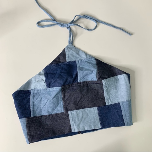 Amanda Uprichard Medium Laurena Halter Tie Top Blue Chambray Colorblock - Picture 2 of 8